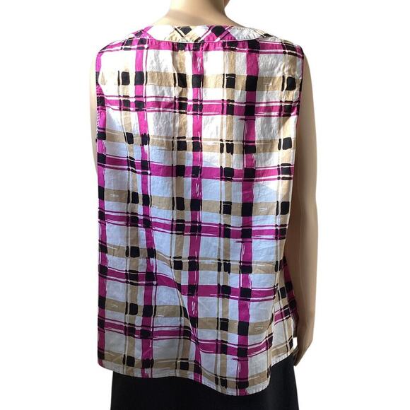 Talbots women's sleeveless blouse mod plaid pattern in black, pink, tan sz 16 - Picture 3 of 6
